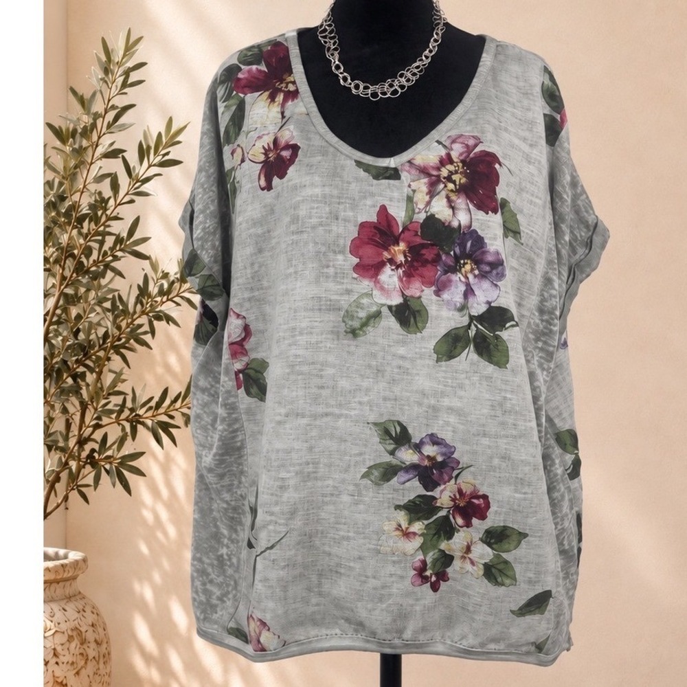 Made in Italy 100% Linen Floral Top Boxy Sage Green Boho Luxury Oversized